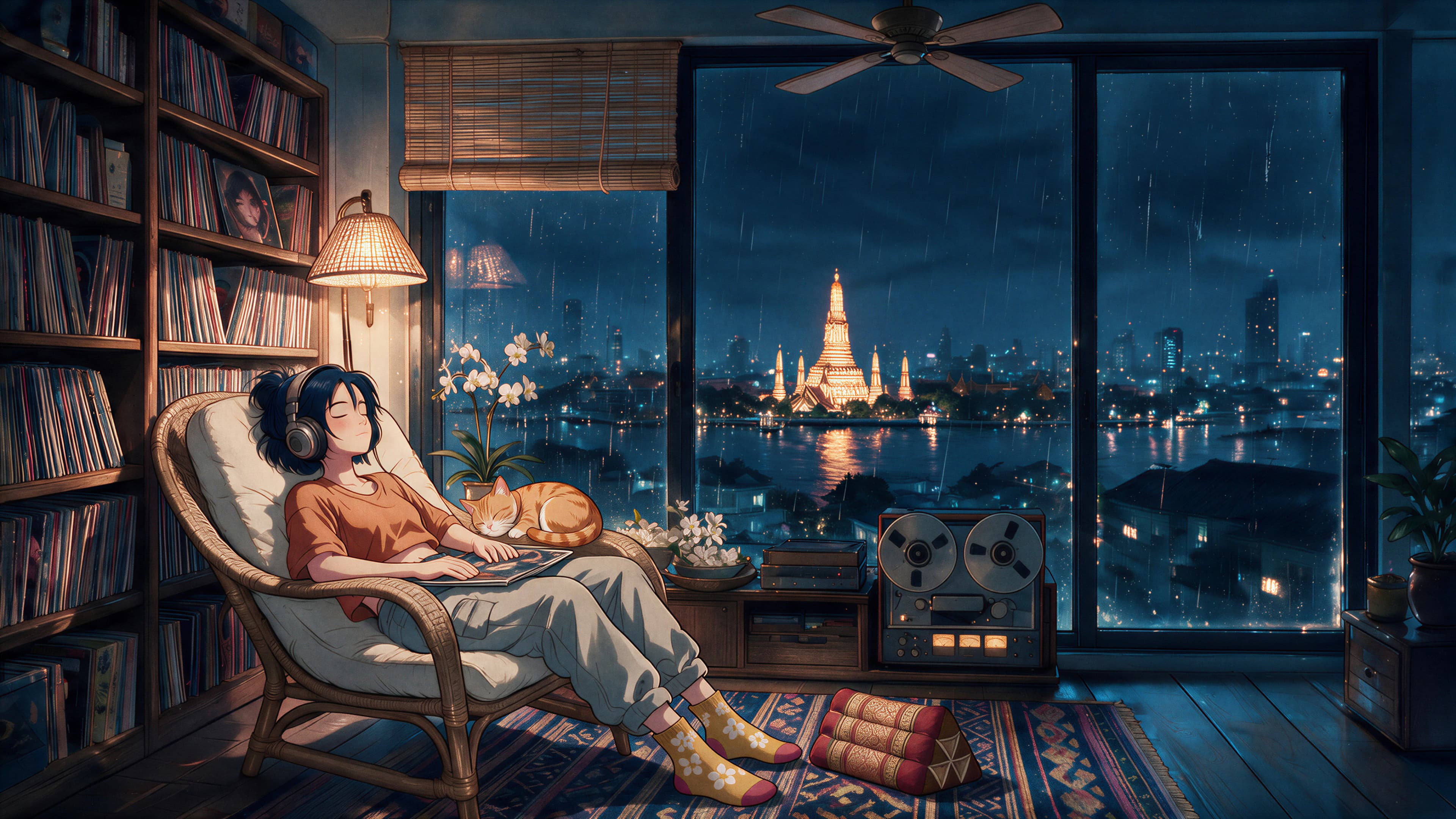 A small record room high above Bangkok with a rattan armchair, a woven ikat runner, a Thai triangle cushion, white orchids and Wat Arun glowing golden through a floor-to-ceiling rainy window.