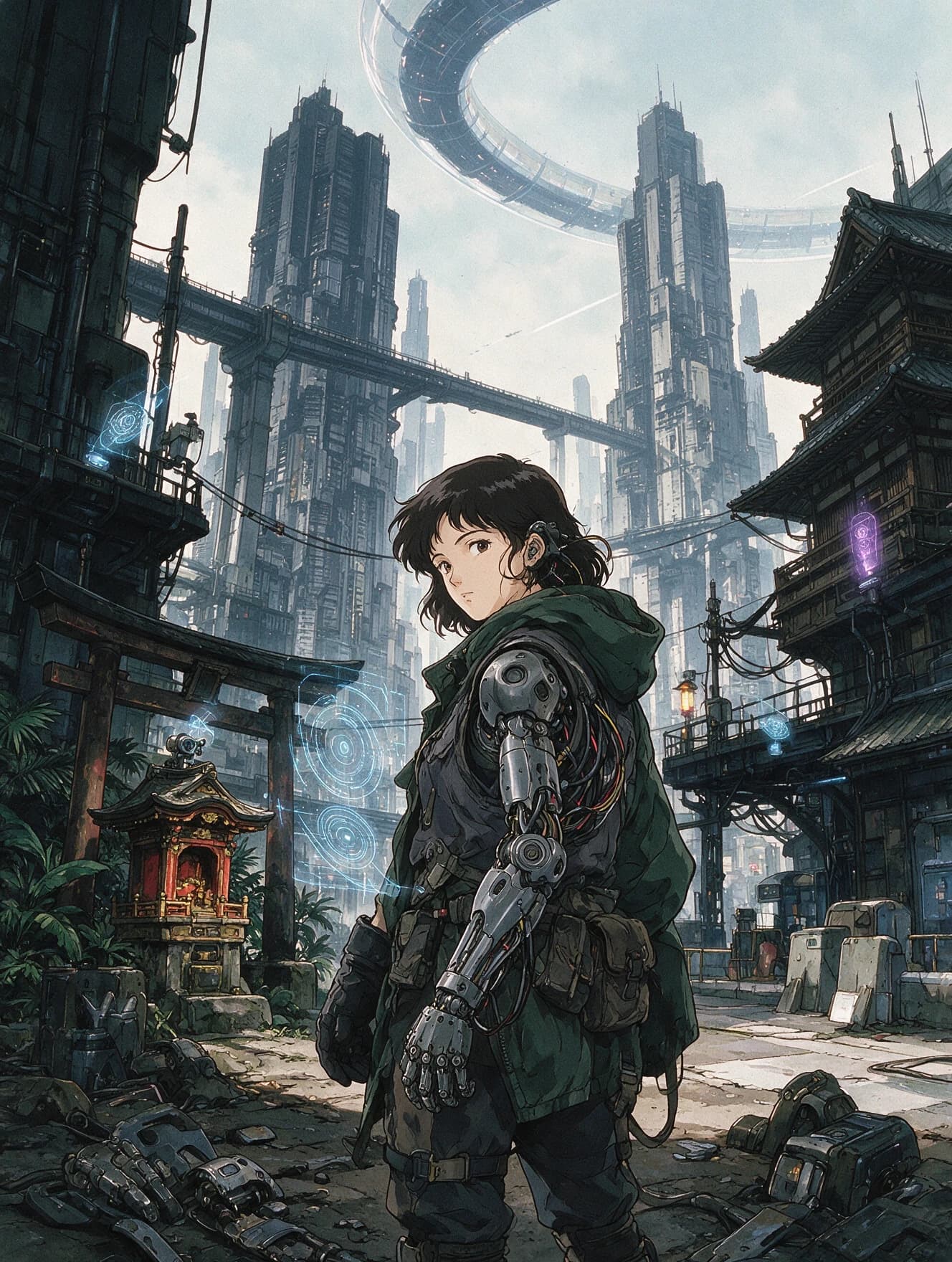 Character Sheet: Aoi with mechanical left arm in front of shrine torii