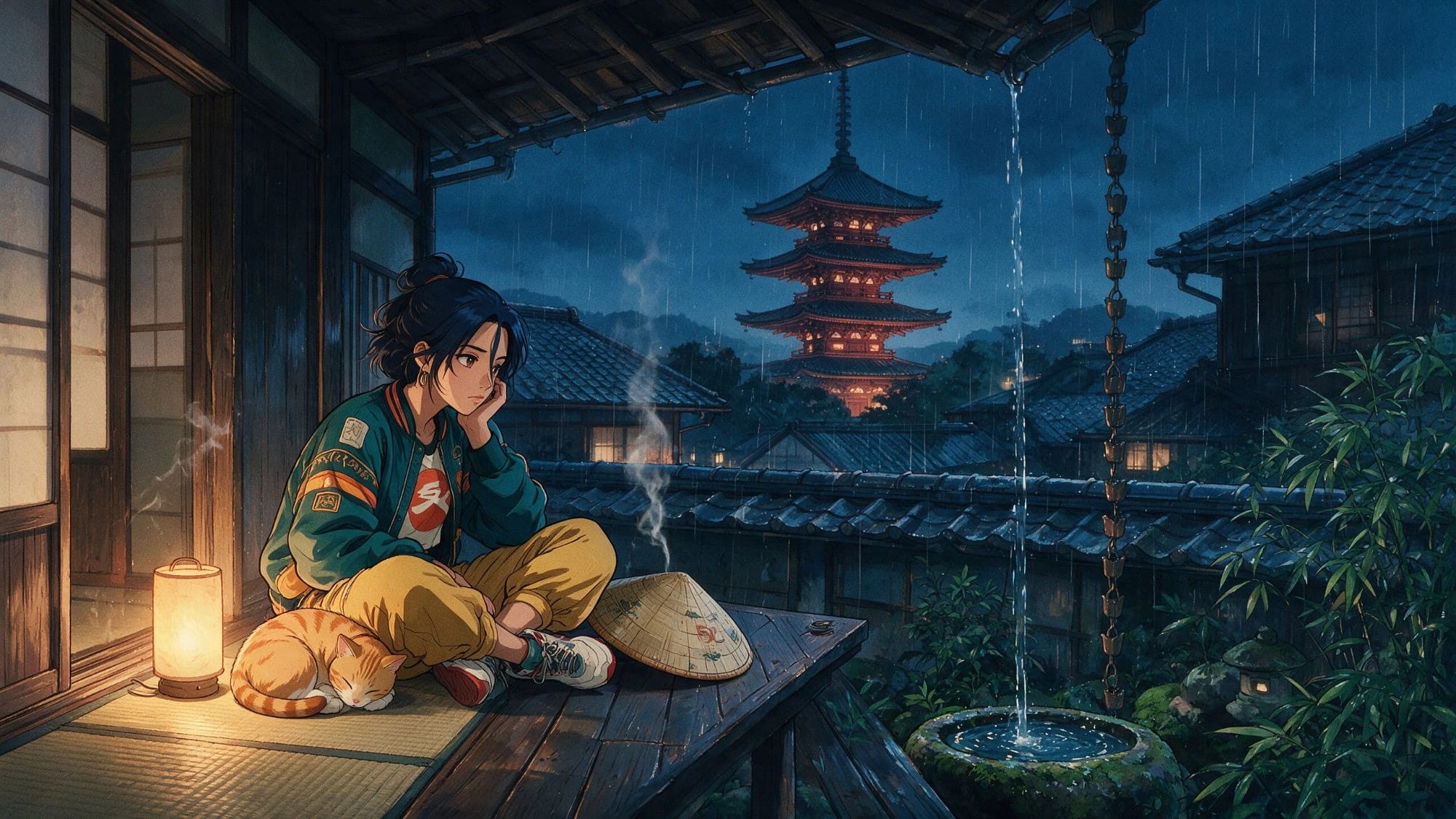 Discarded: Kaya on a wooden balcony in Kyoto with a pagoda in the rain.