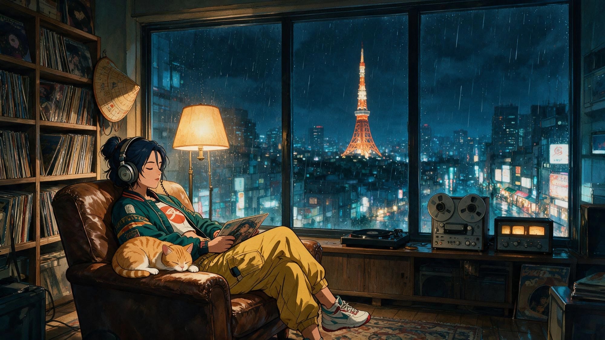 The idea that worked: a record room high above Tokyo with a panoramic window.