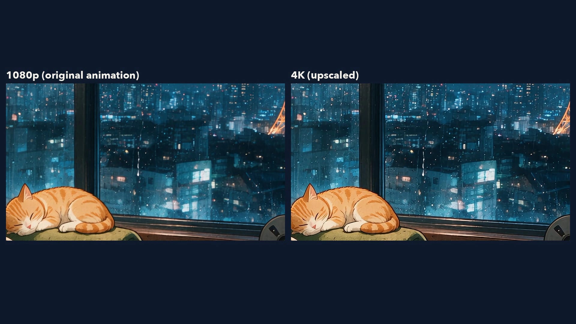 Detail comparison: the original 1080p animation on the left, the 4K upscale on the right.