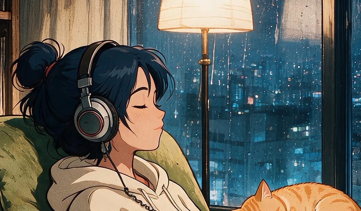 4K detail of Kaya asleep with headphones, rain on the window behind her.