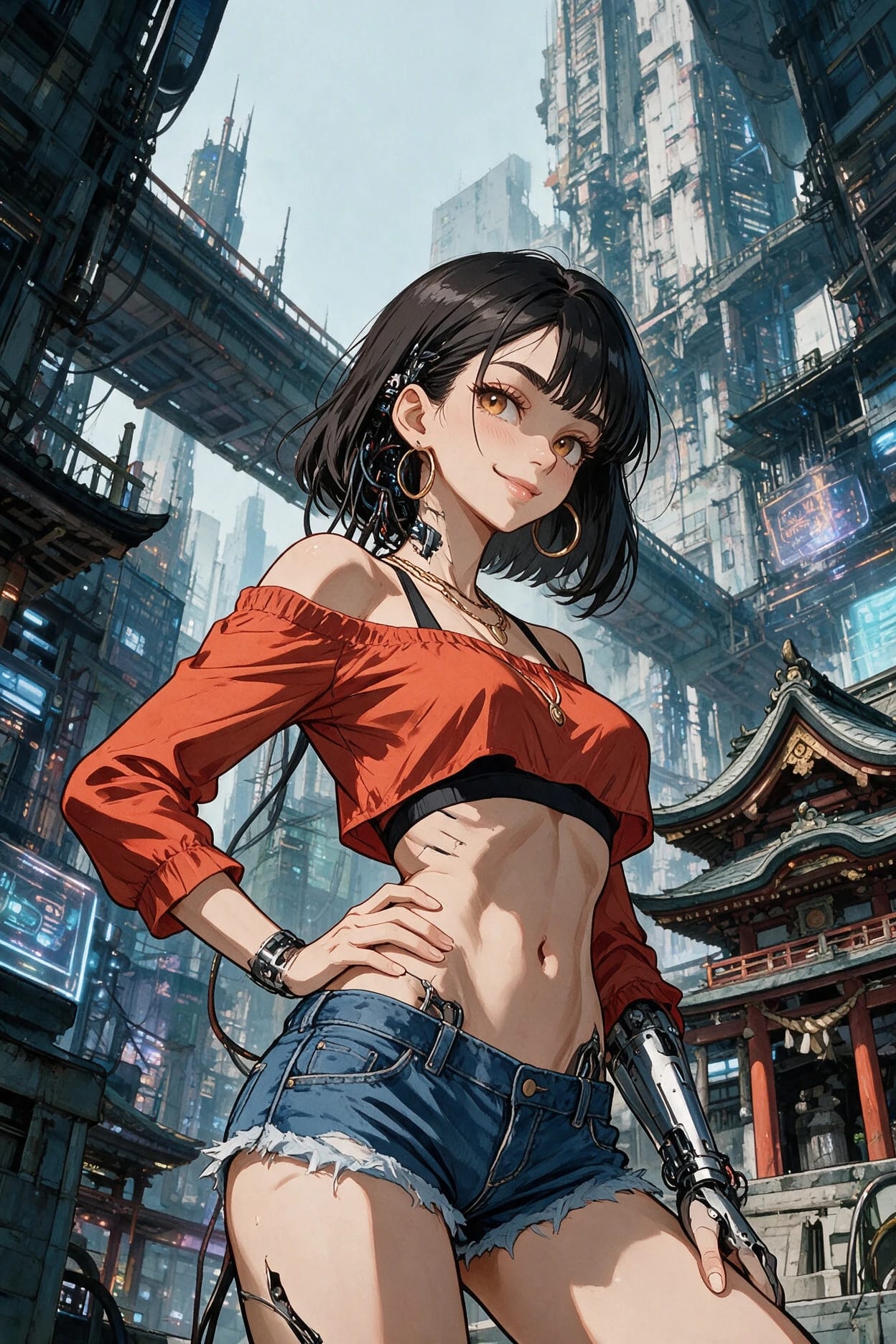 Smiling young woman in a red off-shoulder top with a cybernetic arm, pagoda and skyscrapers behind