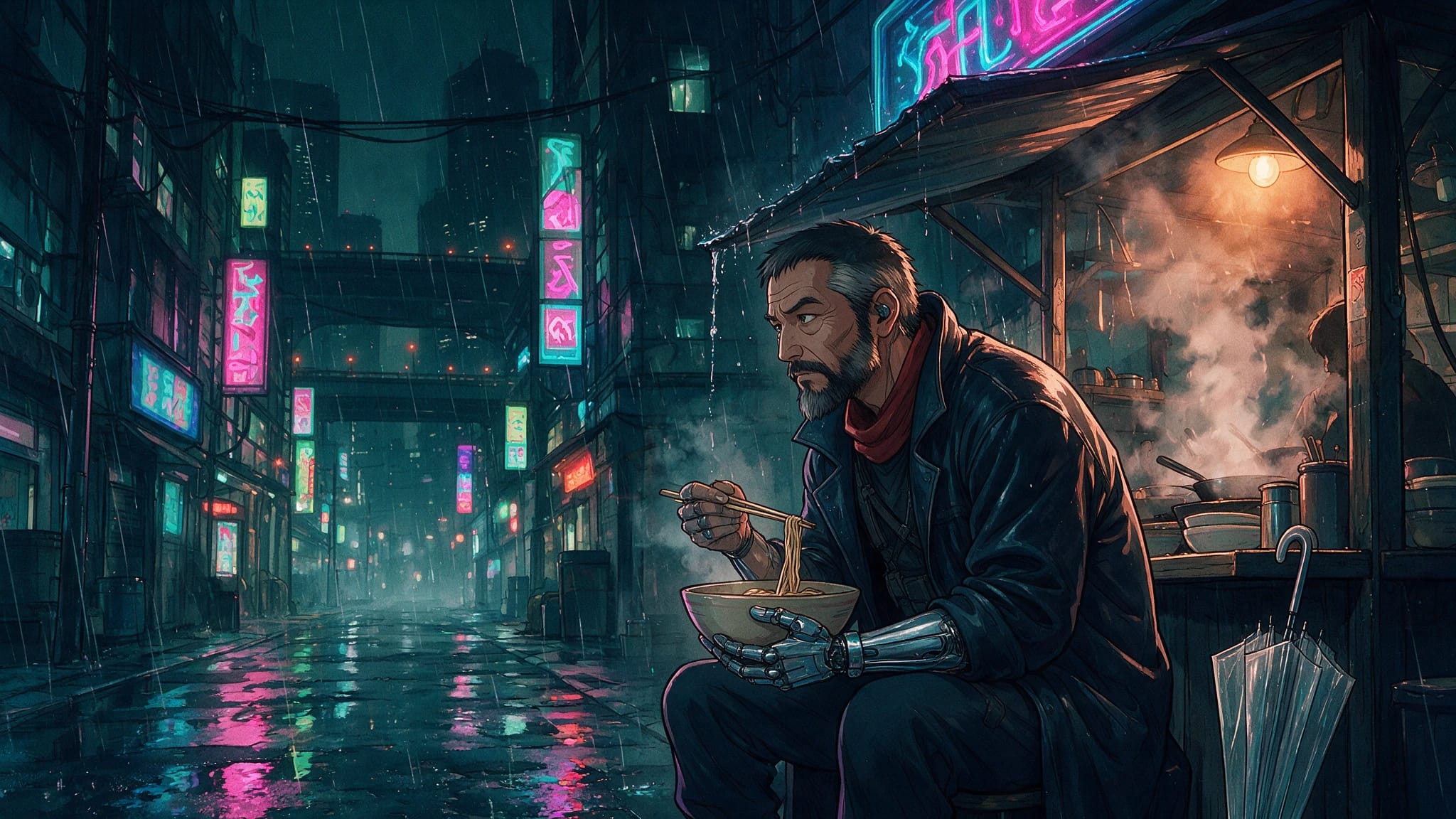 Hideyoshi Cyber Nudelstand - Night Street Food Stall with Neon Lanterns