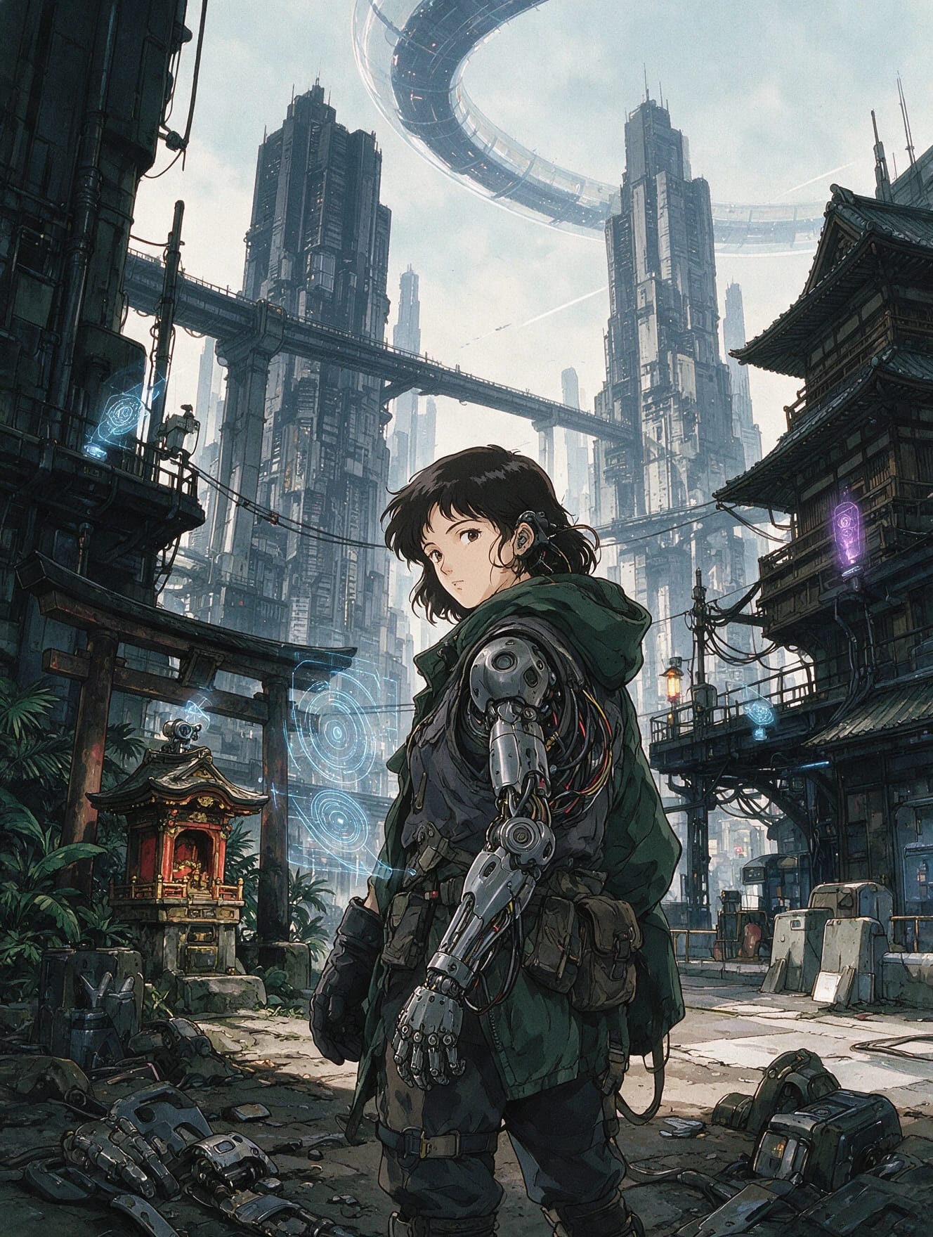 Character Sheet: Aoi with mechanical left arm in front of shrine torii