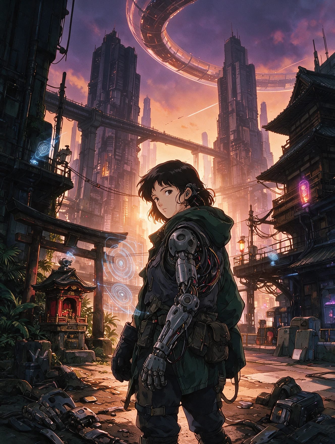 Girl with a mechanical arm beside a red shrine and torii at dusk, megacity towers behind
