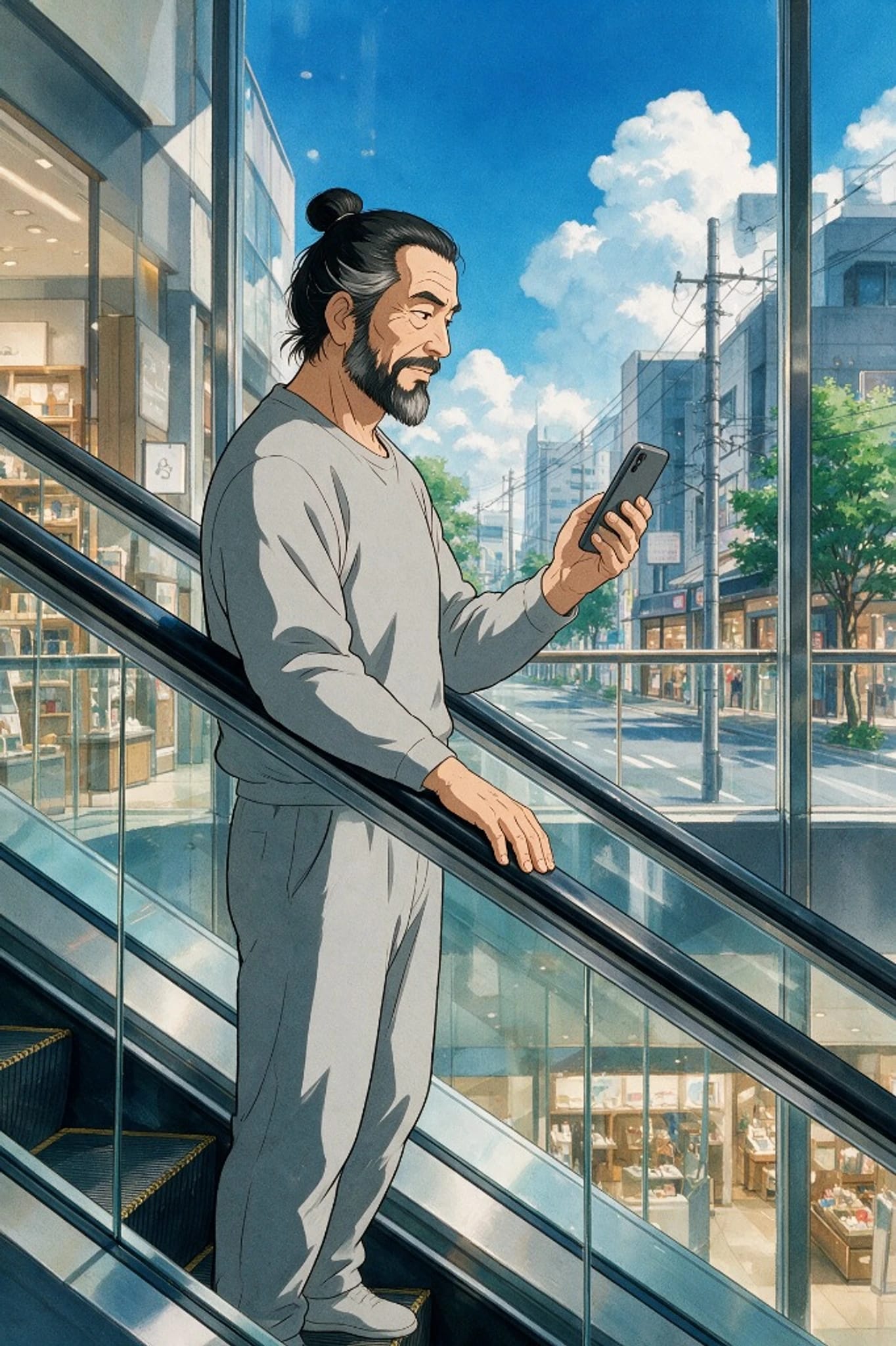 The same bearded man on a glass escalator, checking his phone on a sunny day