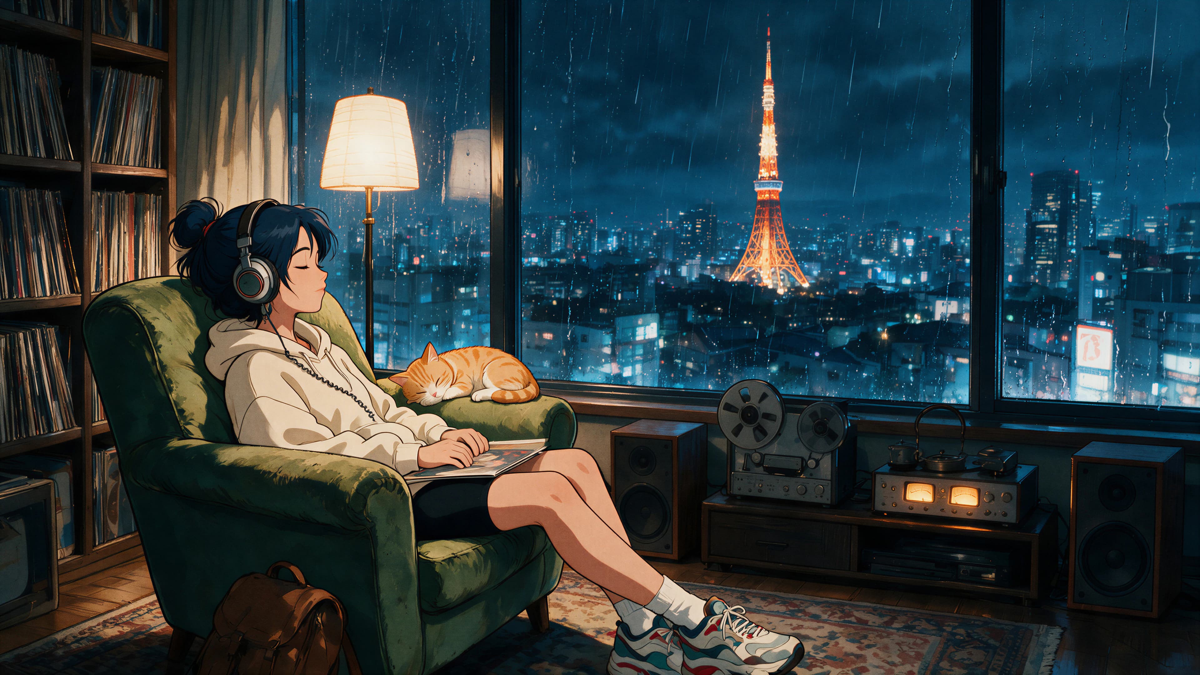 Kaya asleep in a green velvet armchair with headphones, Mikan curled up on the armrest, Tokyo Tower glowing through a rainy panoramic window at night.